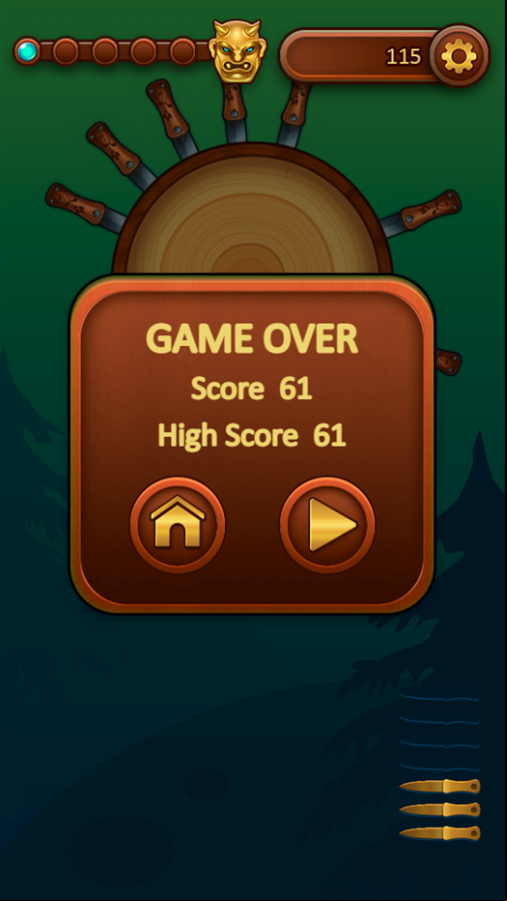 Knife Dart Game Over Screen Screenshot.