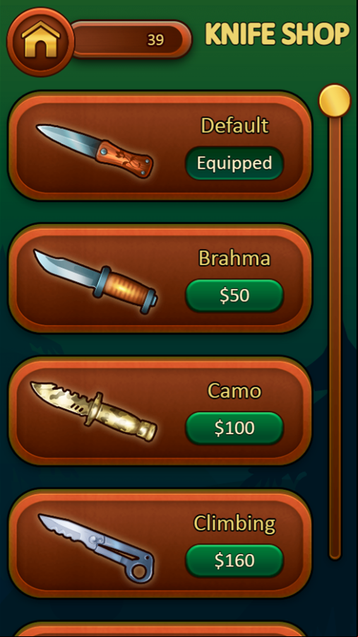 Knife Dart Game Shop Screen Screenshot.