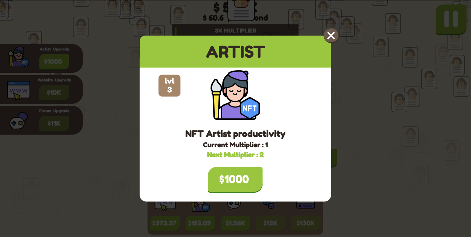 Lit Ape NFT Generator Game Artist Upgrade Screen Screenshot.