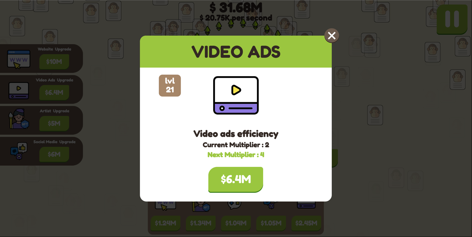 Lit Ape NFT Generator Game Video Ads Upgrade Screen Screenshot.