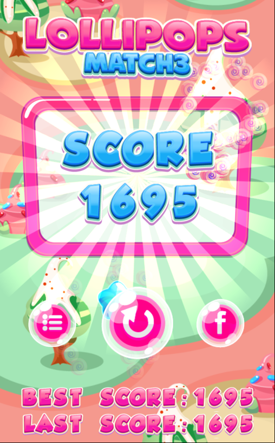Lollipops Match 3 Game Score Screenshot.