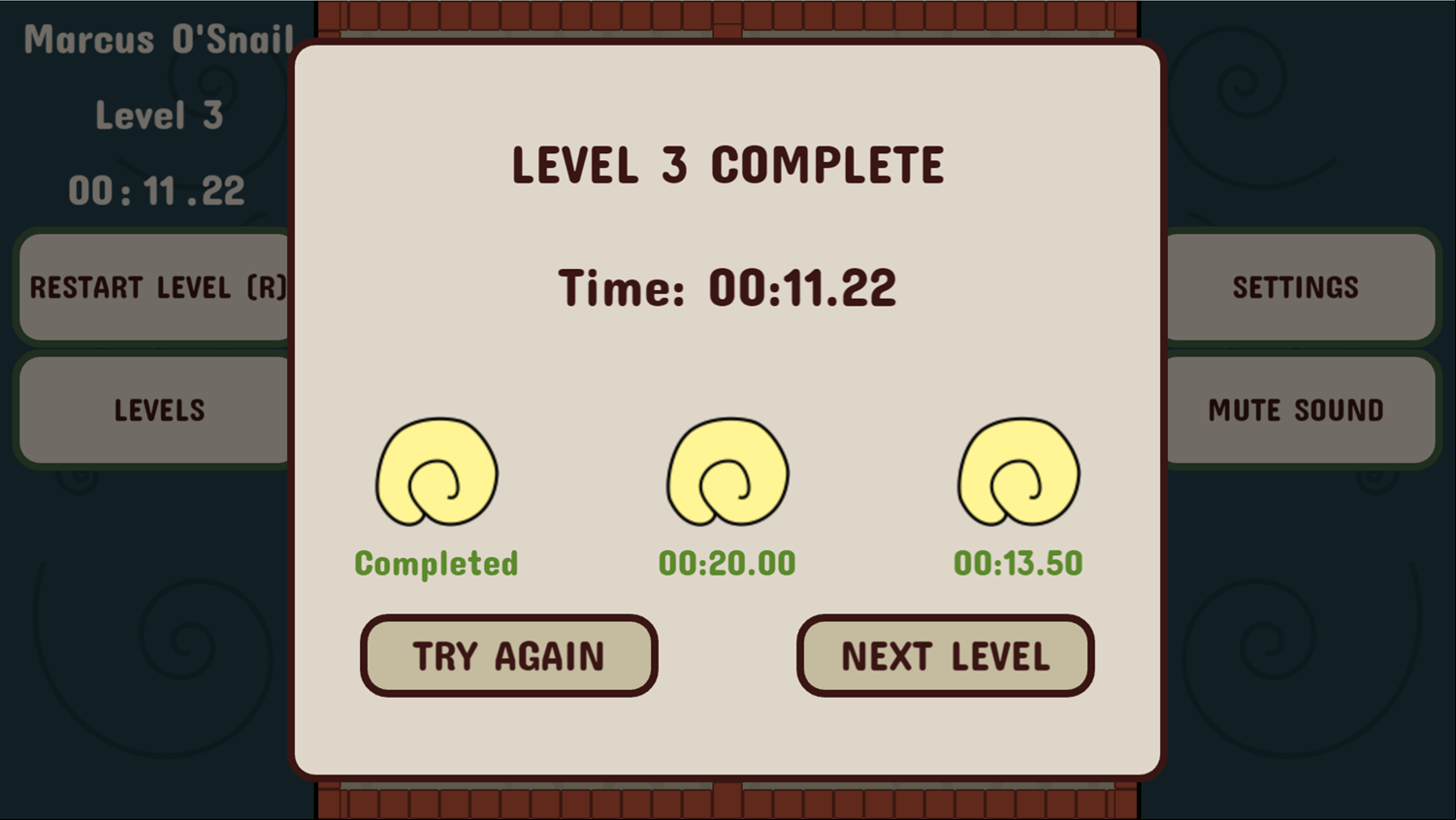 Marcus O'Snail Game Level Complete Screen Screenshot.