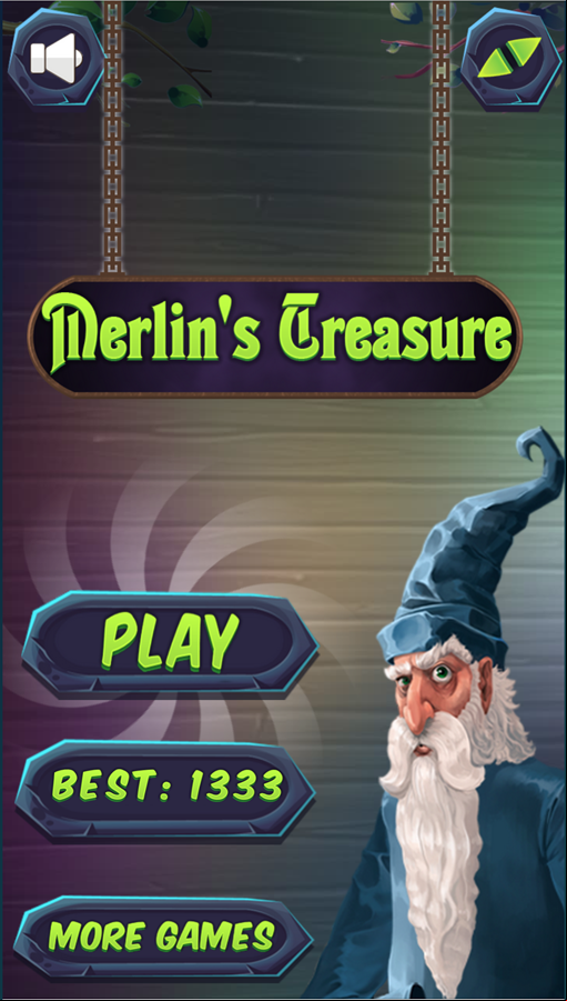Merlin's Treasure Match 3 Game Welcome Screen Screenshot.
