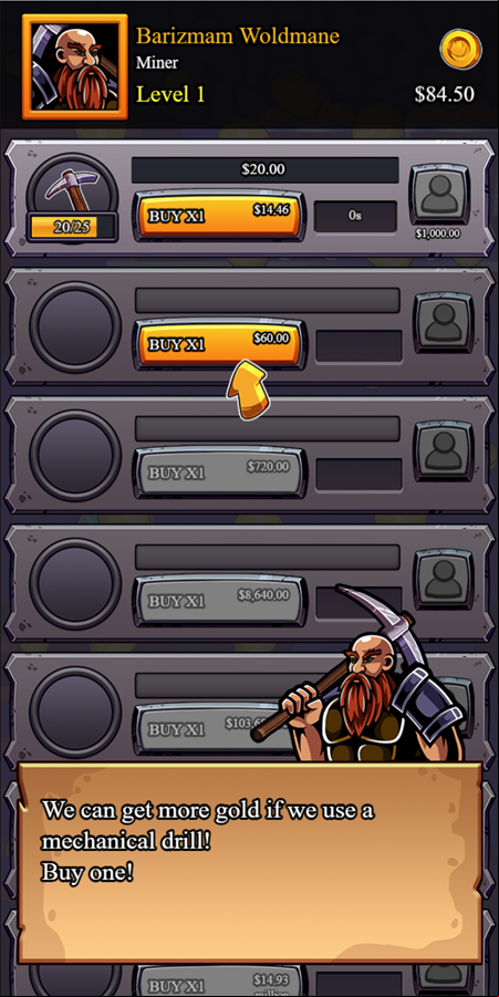 Miner Gold Game Purchase a Mechanical Drill Screen Screenshot.