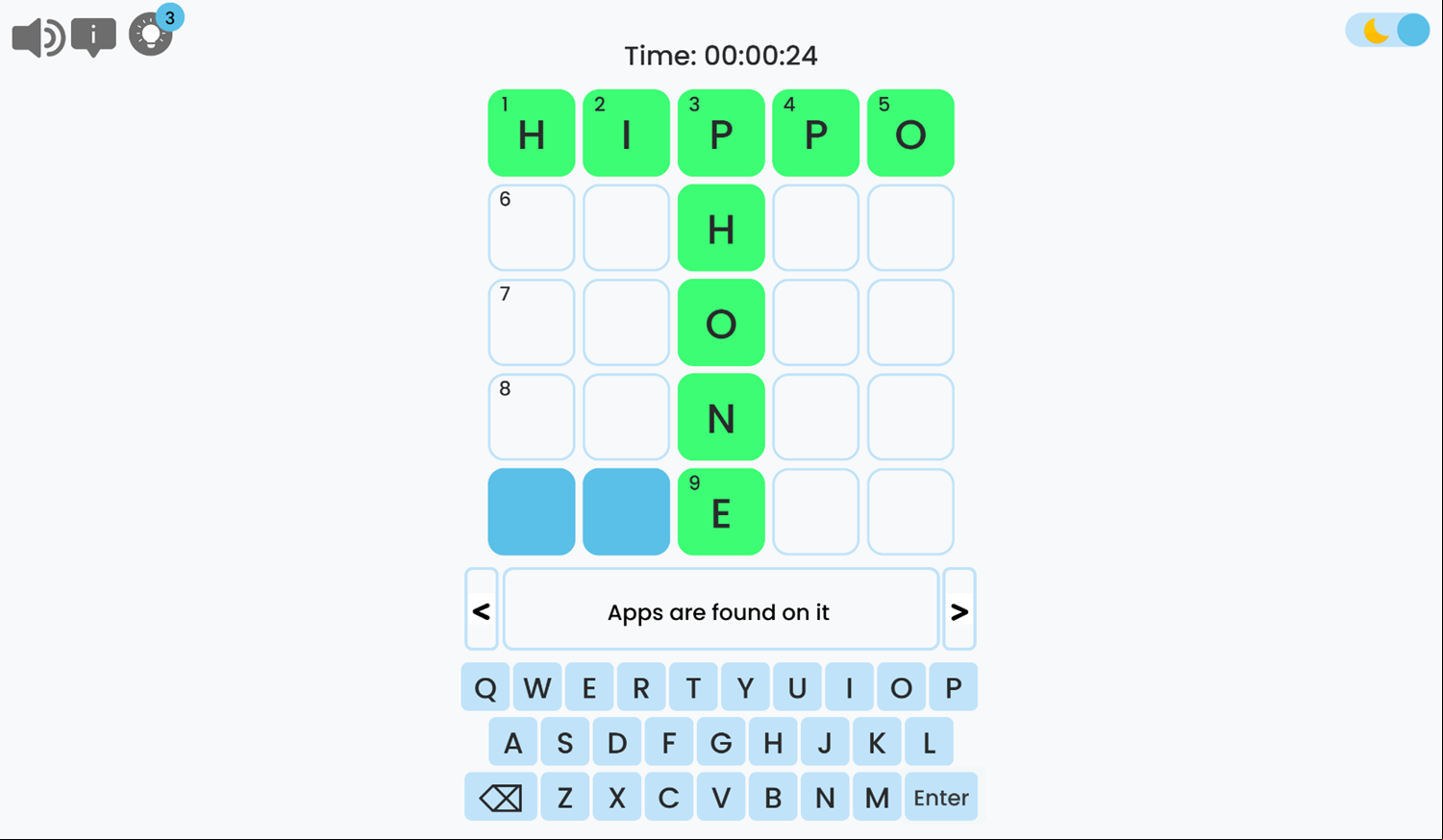 Mini Crossword Game Level Play Screenshot.
