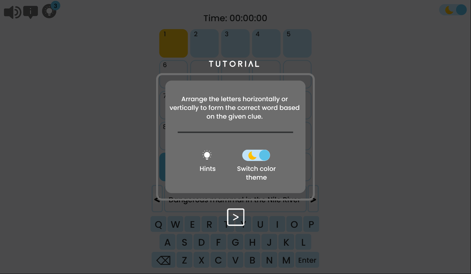 Mini Crossword Game Tutorial Screenshot.