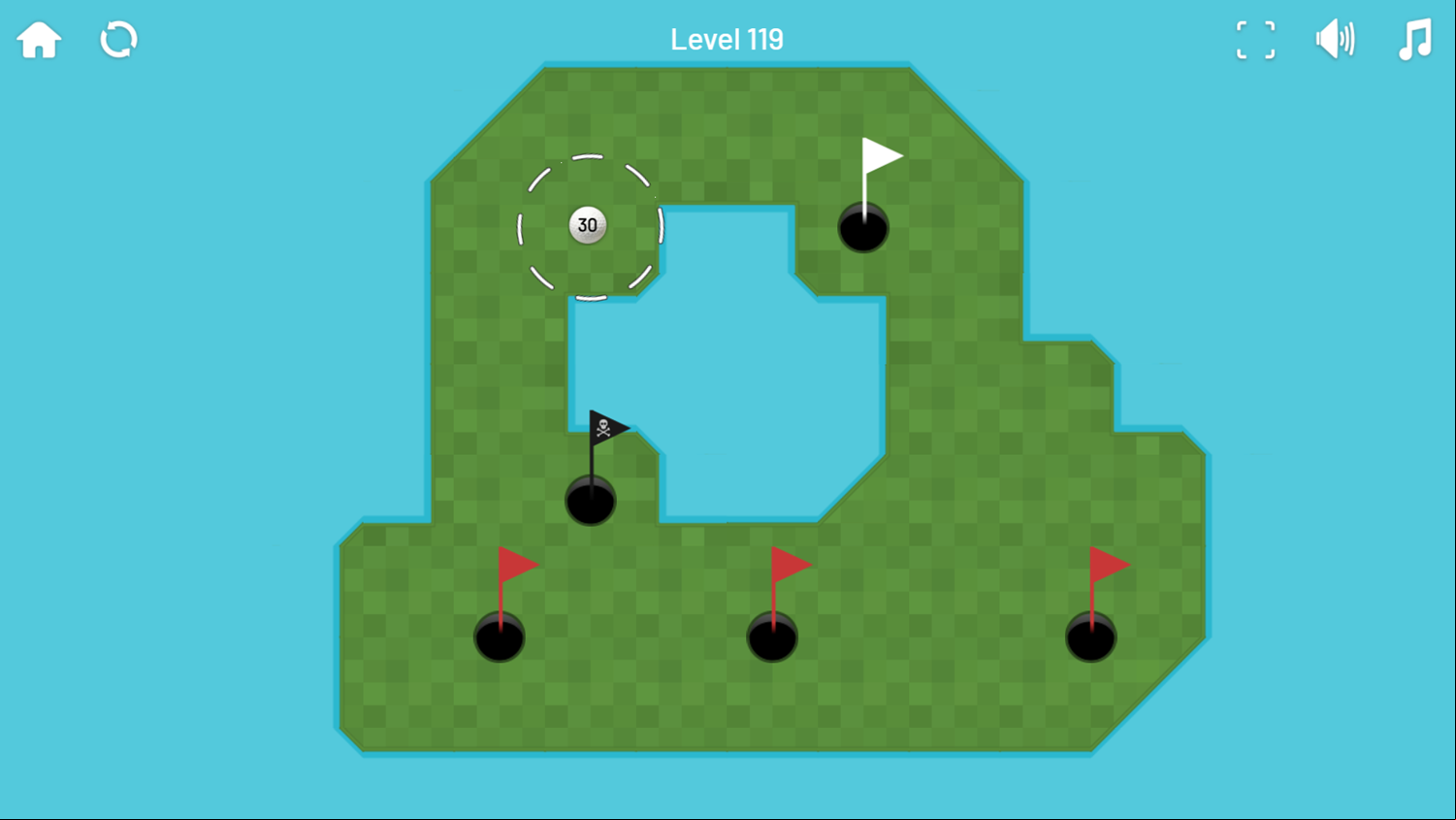 Minigolf Archipelago Game Level With Red, White, and Black Flags Screenshot.