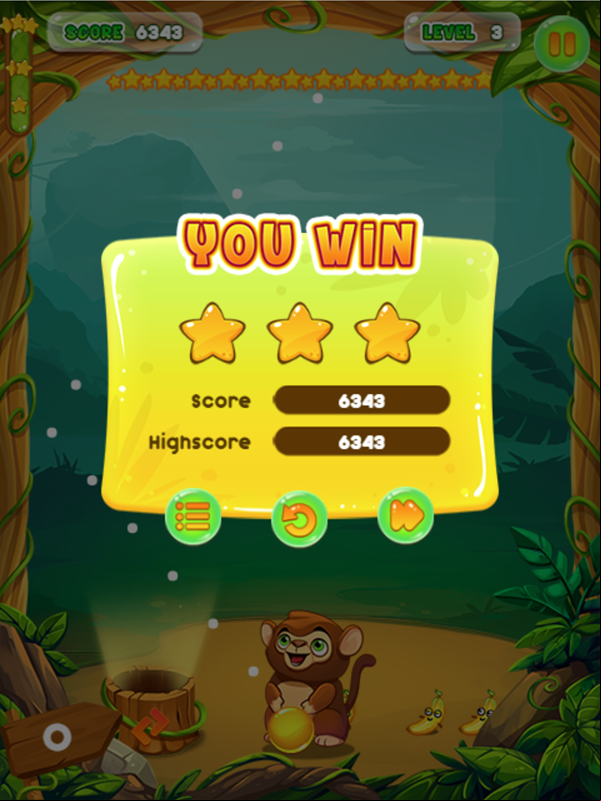 Monkey Bubble Shooter Game Level Beat Screen Screenshot.