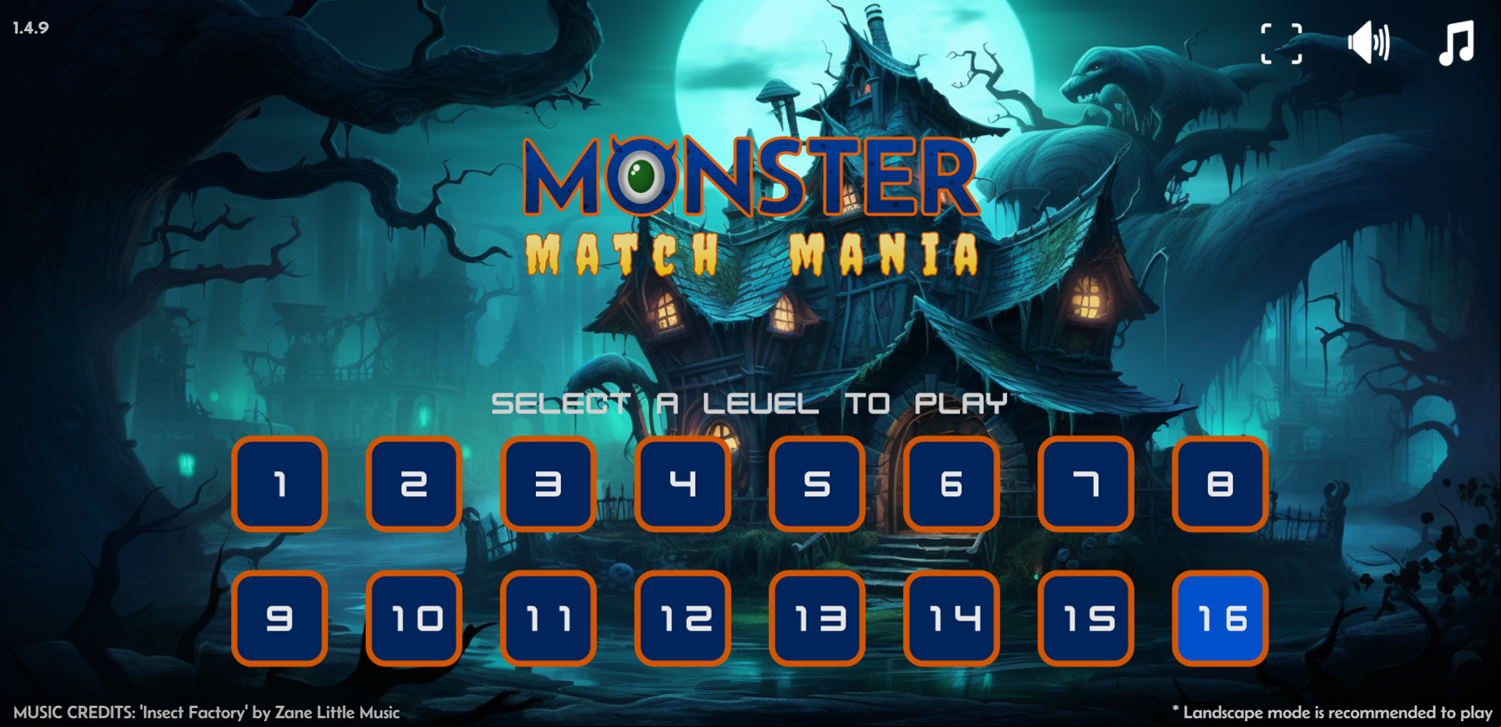 Monster Match Mania Game Level Select Screen Screenshot.
