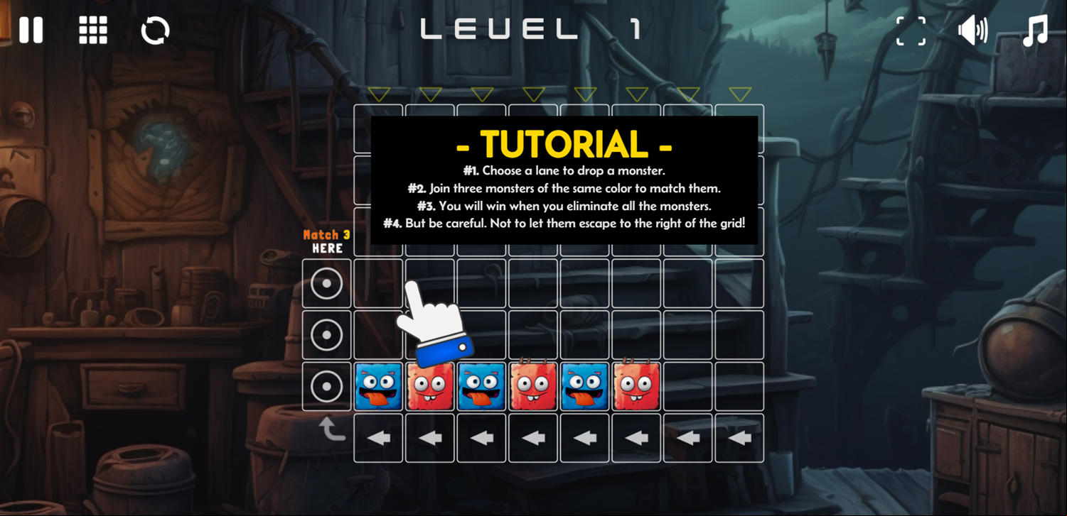 Monster Match Mania Game Tutorial Screen Screenshot.