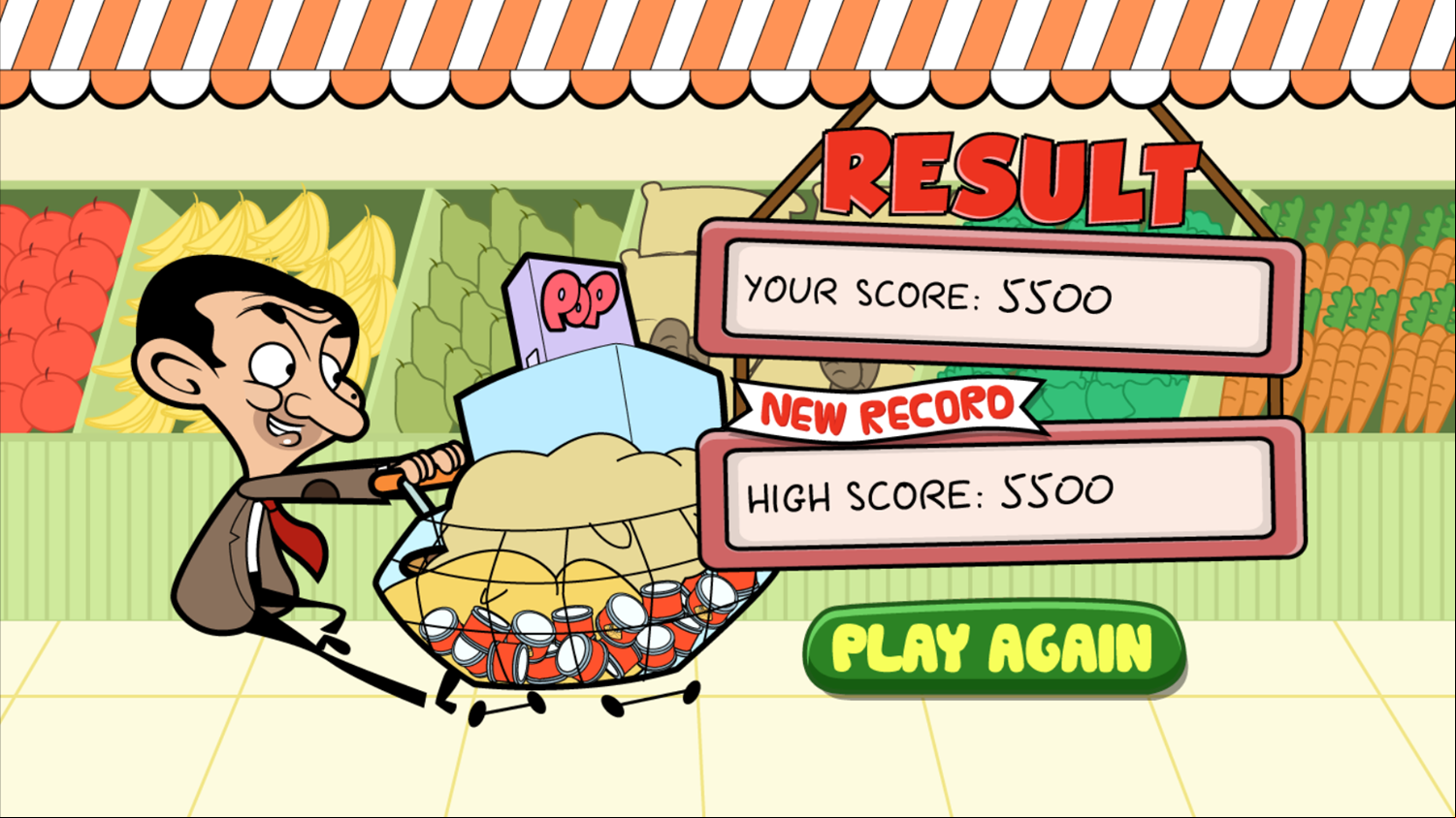 Mr Bean Bean in Panic Game Over Screenshot.
