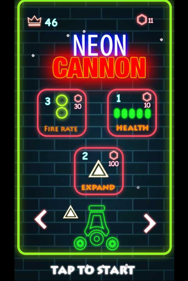 Neon Cannon Welcome Screen Screenshot.