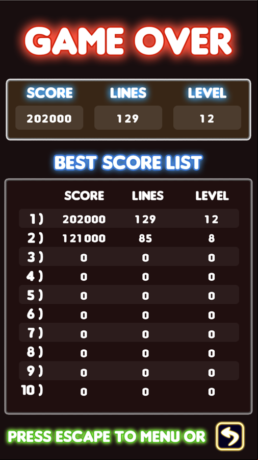 Neon Tetris Game Over Screen Screenshot.