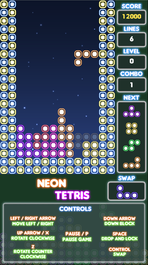 Neon Tetris Game Screenshot.