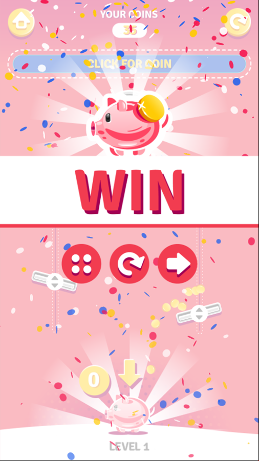 Piggy Bank Game Level Complete Screen Screenshot.