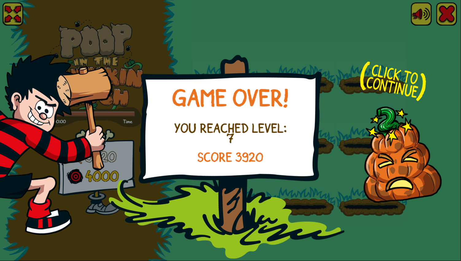 Poop in the Pumpkin Patch Game Over Screenshot.