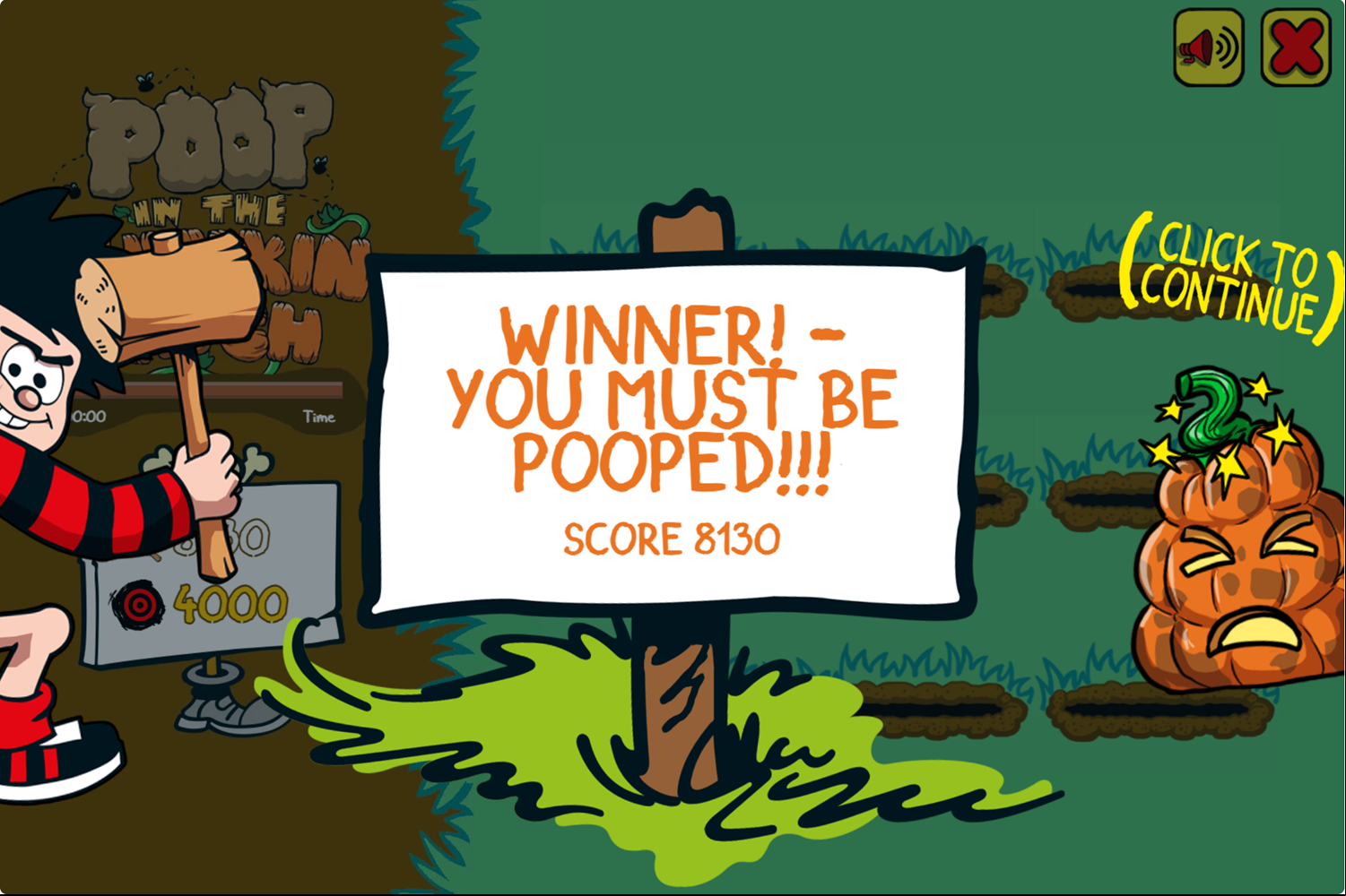 Poop in the Pumpkin Patch Game Winner Screenshot.