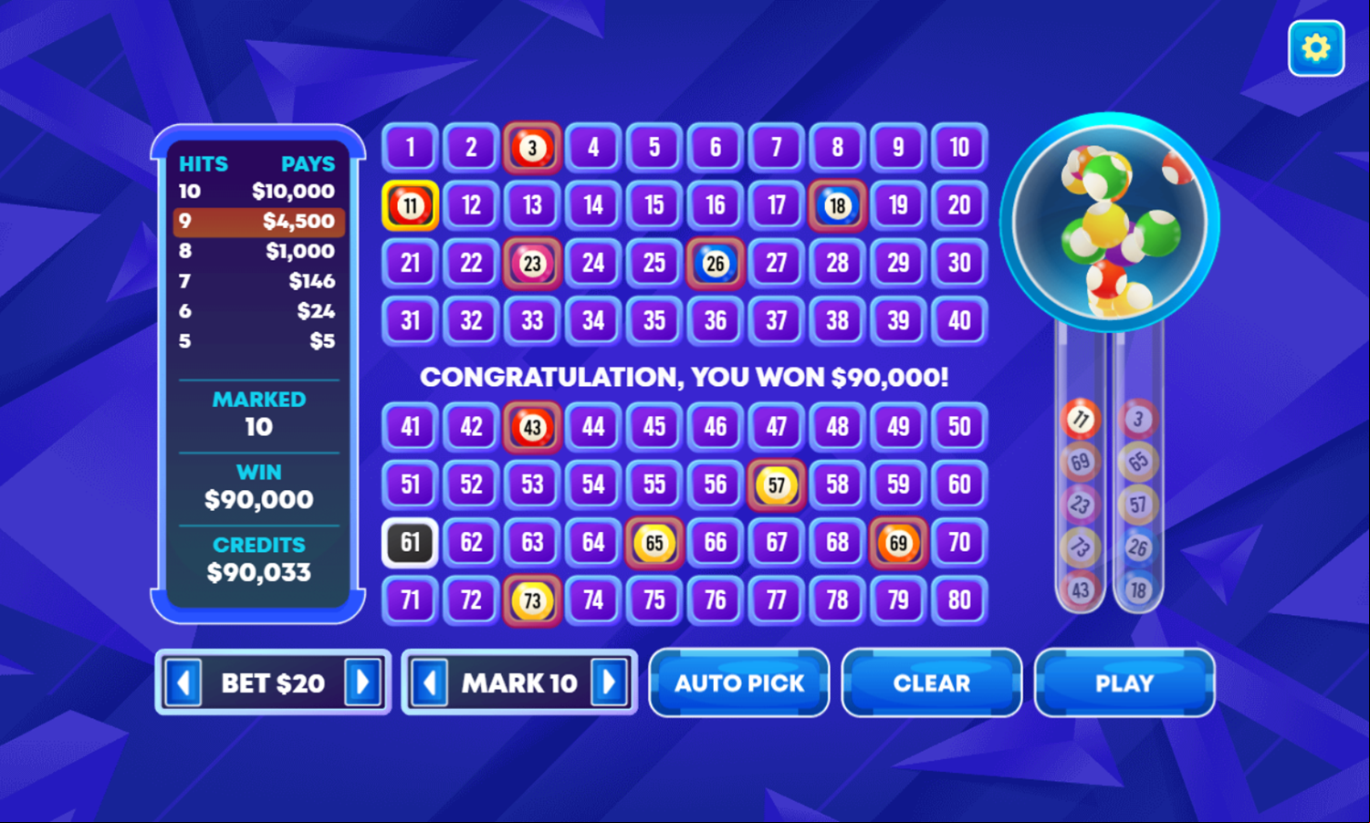 Power Keno Game Jackpot Screenshot.
