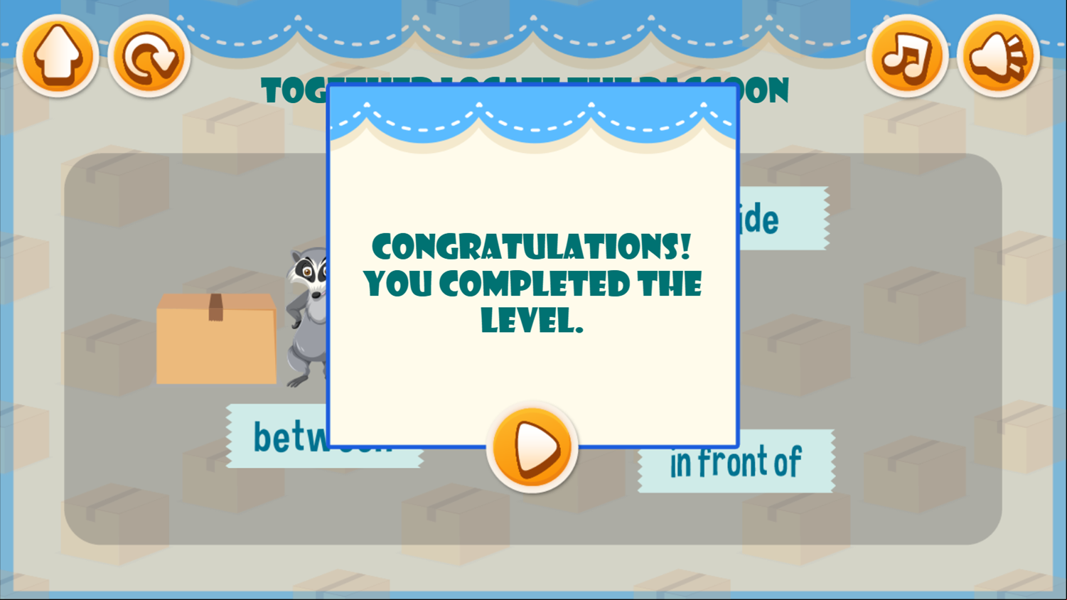 Prepositions of Movement Game Level Completed Screenshot.