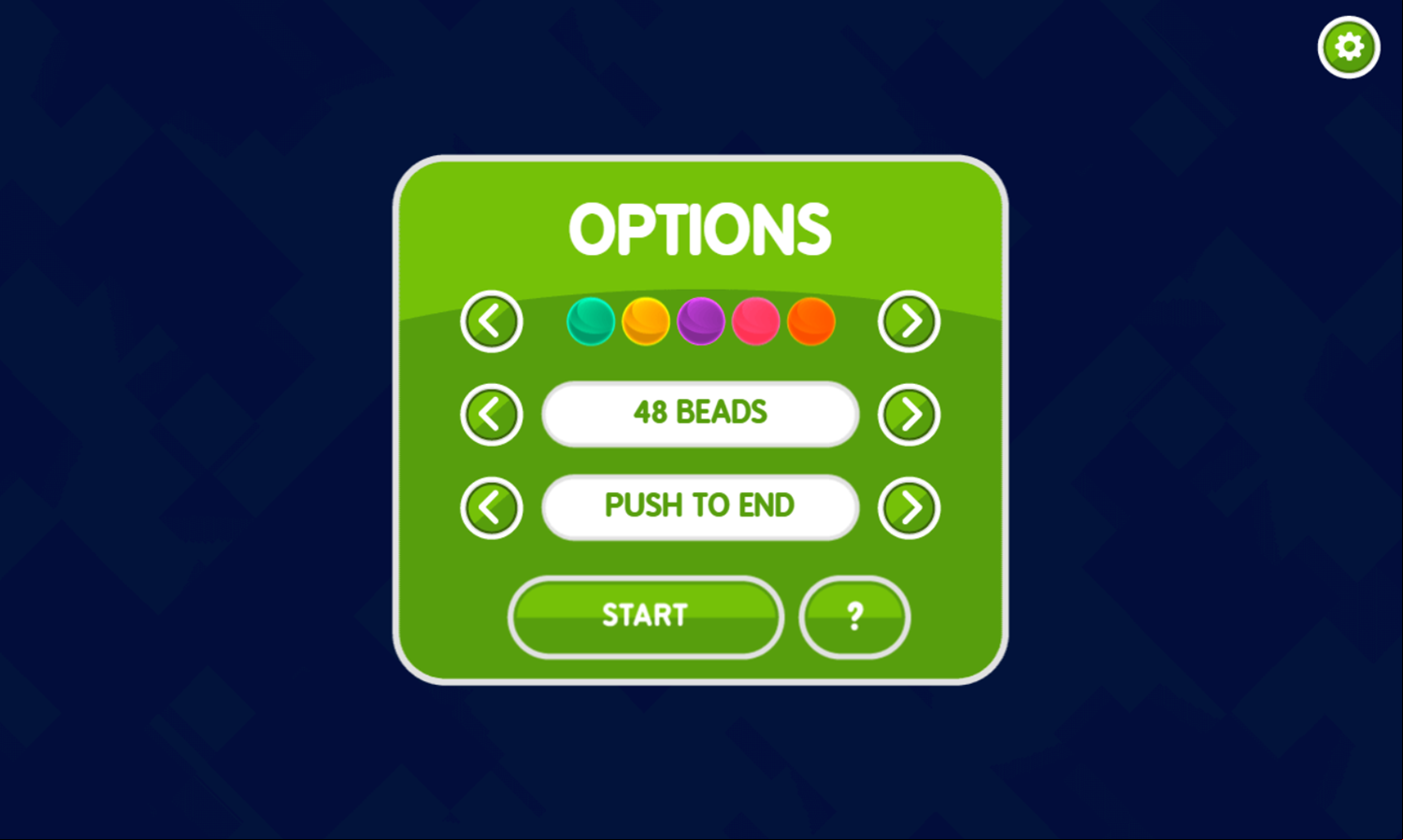 Rainbow Bead Game Settings Screenshot.