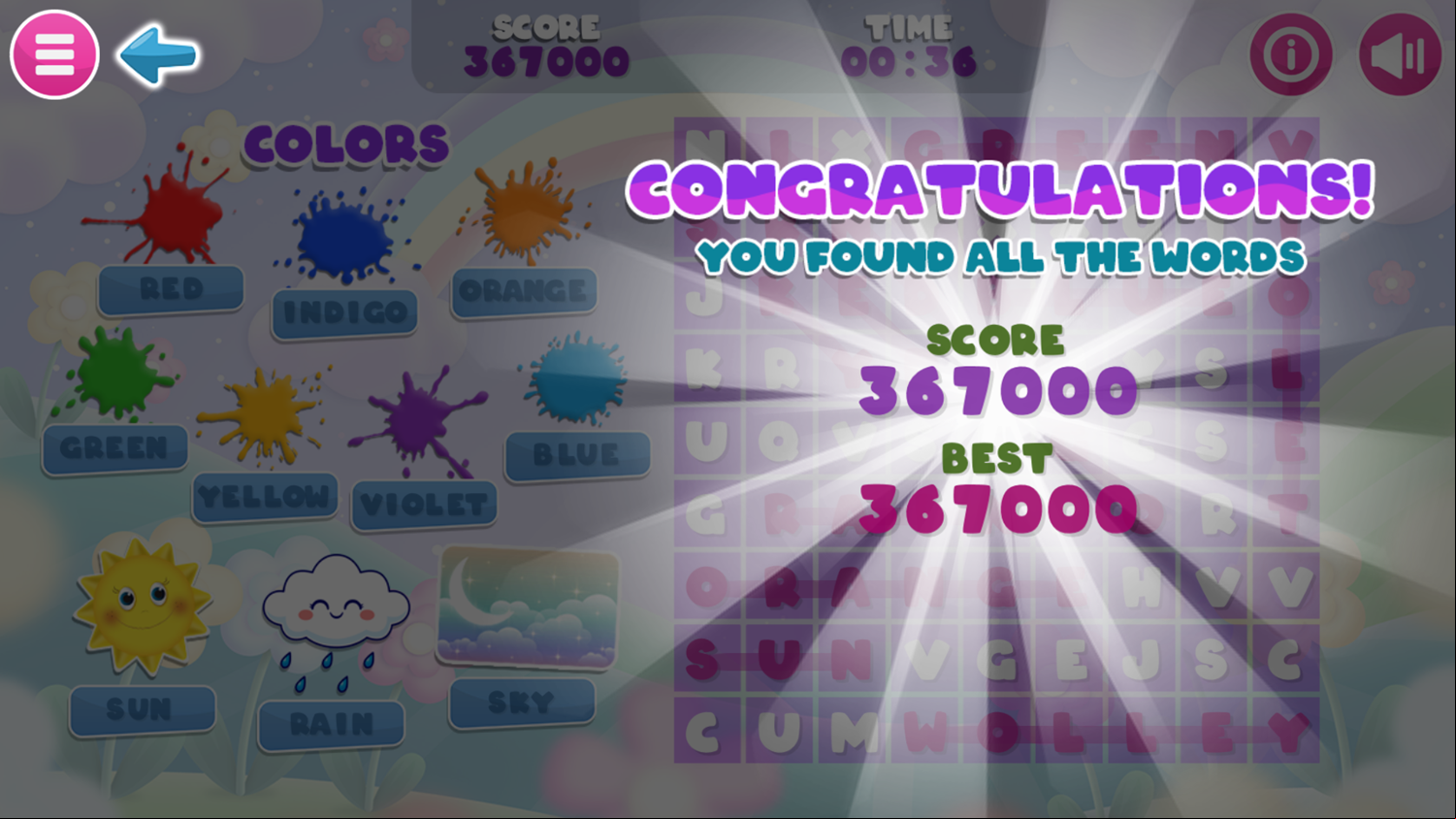 Rainbow Word Search Game Complete Screenshot.