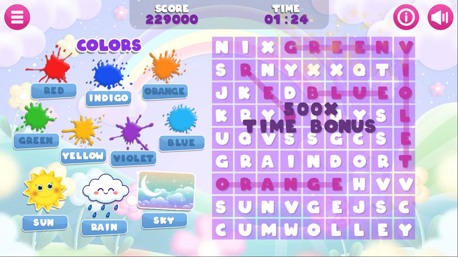 Rainbow Word Search Game Play Screenshot.