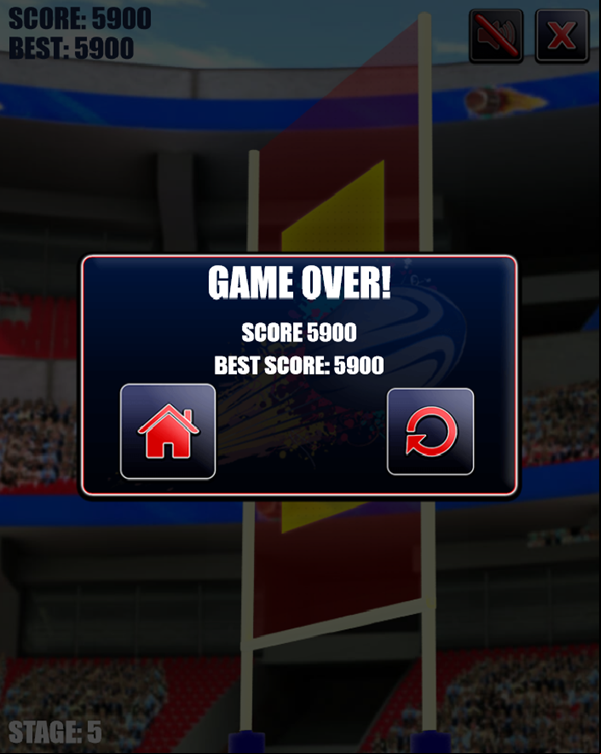Rugby Kicks Game Over Screenshot.