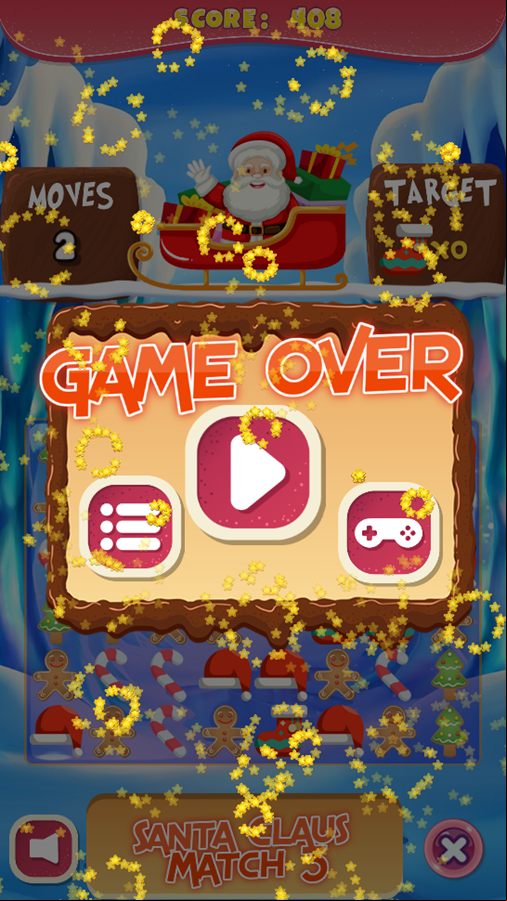 Santa Claus Match 3 Game Over Screenshot.