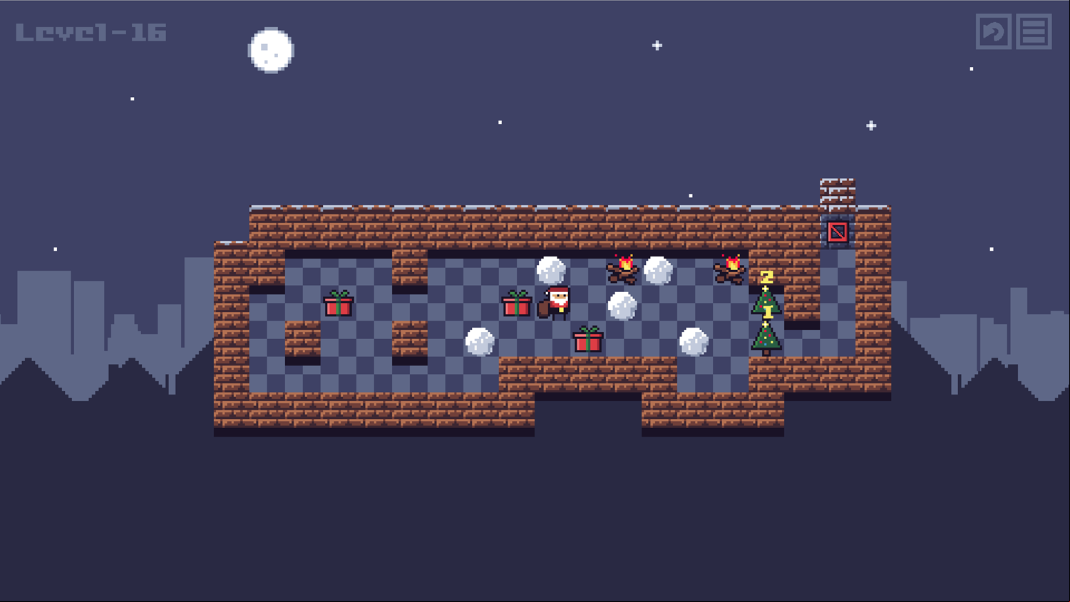 Santa's Delivery Game Level With Snowballs and Fire Screenshot.