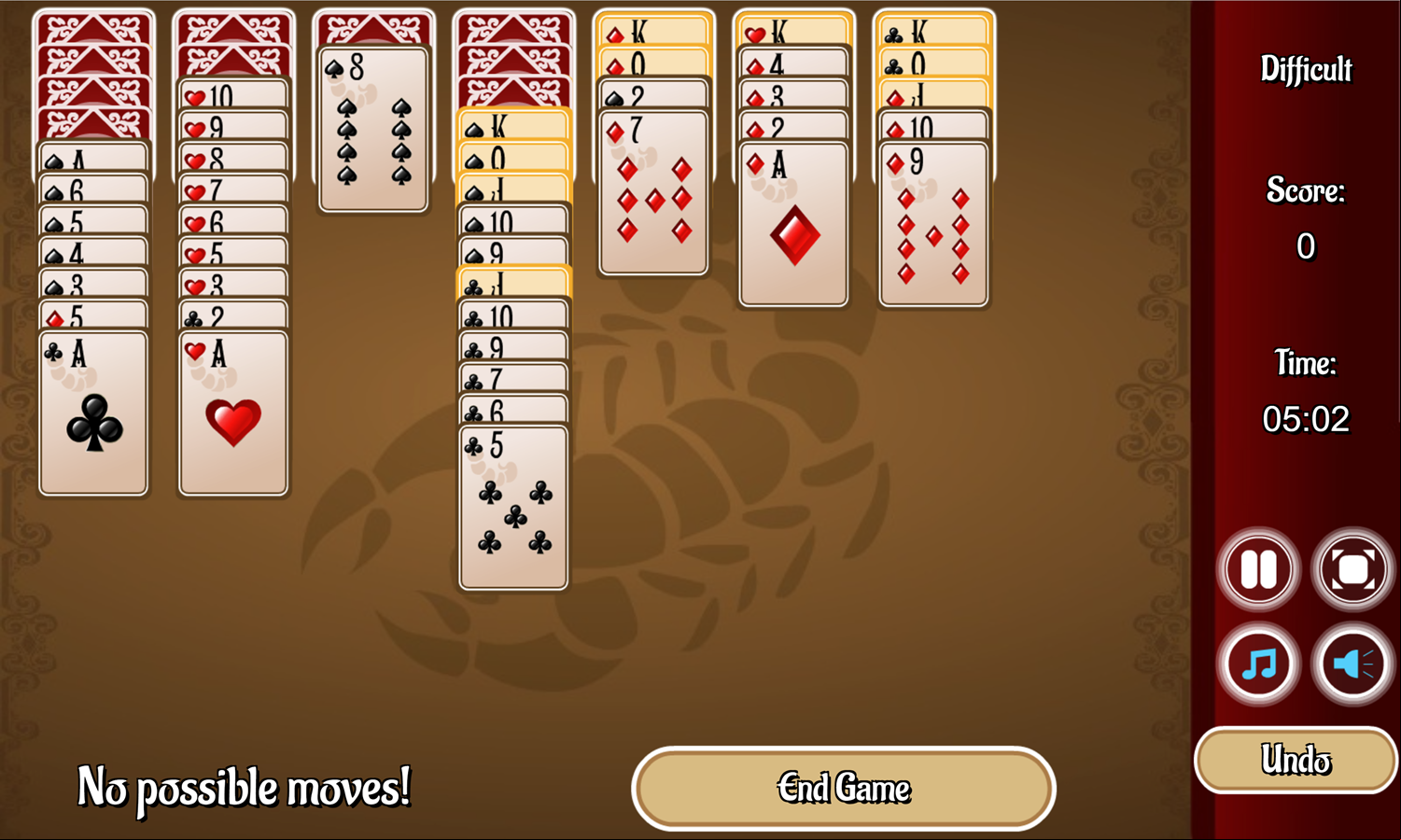 Scorpion Solitaire Game No Possible Moves Screen Screenshot.