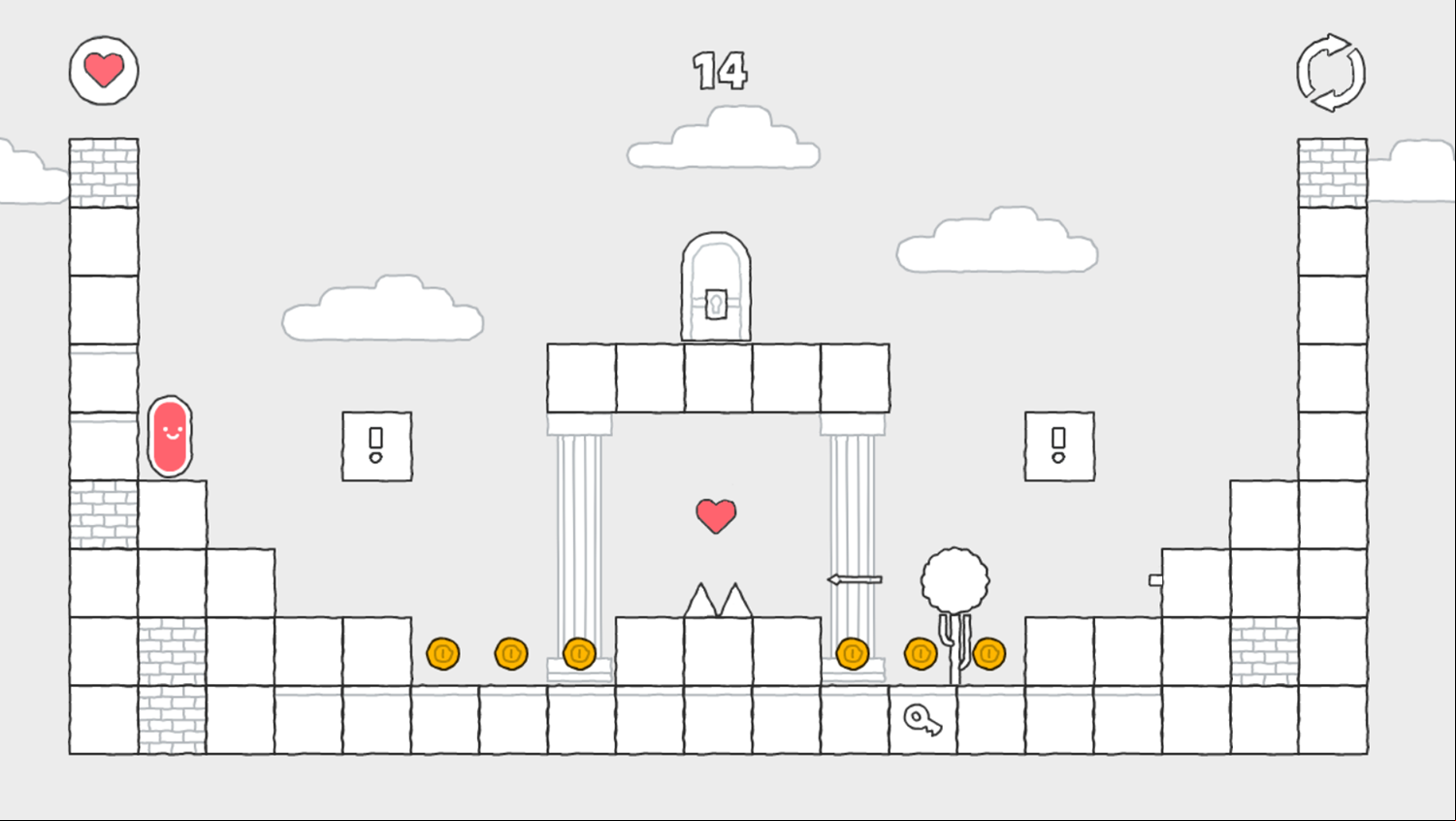 Scribble World Platform Puzzle Game Level With Falling Blocks and an Arrow Shooter Screenshot.