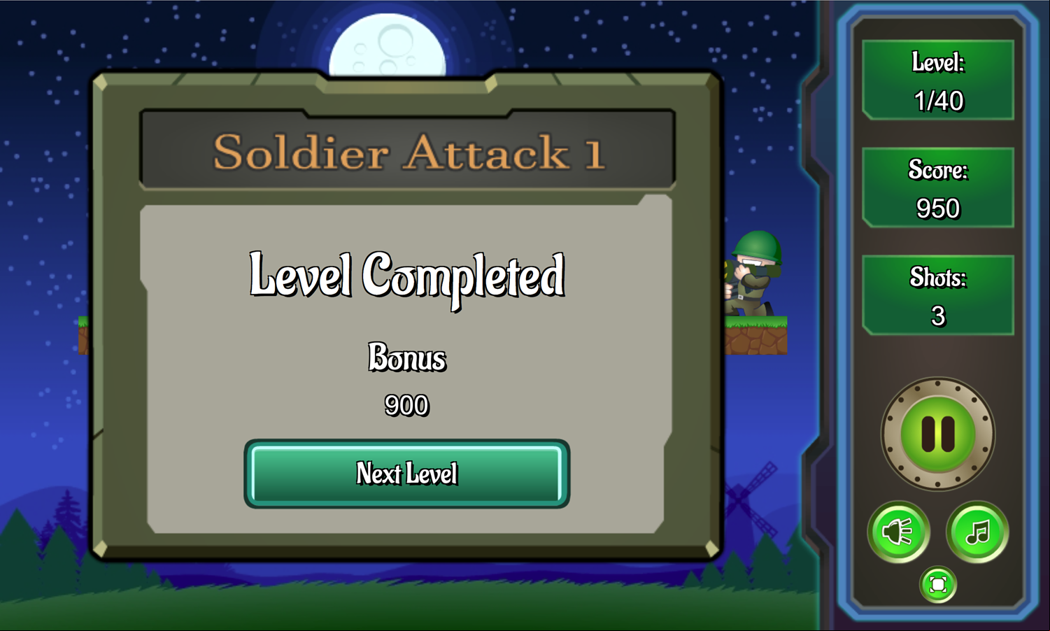 Soldier Attack 1 Game Level Complete Screen Screenshot.