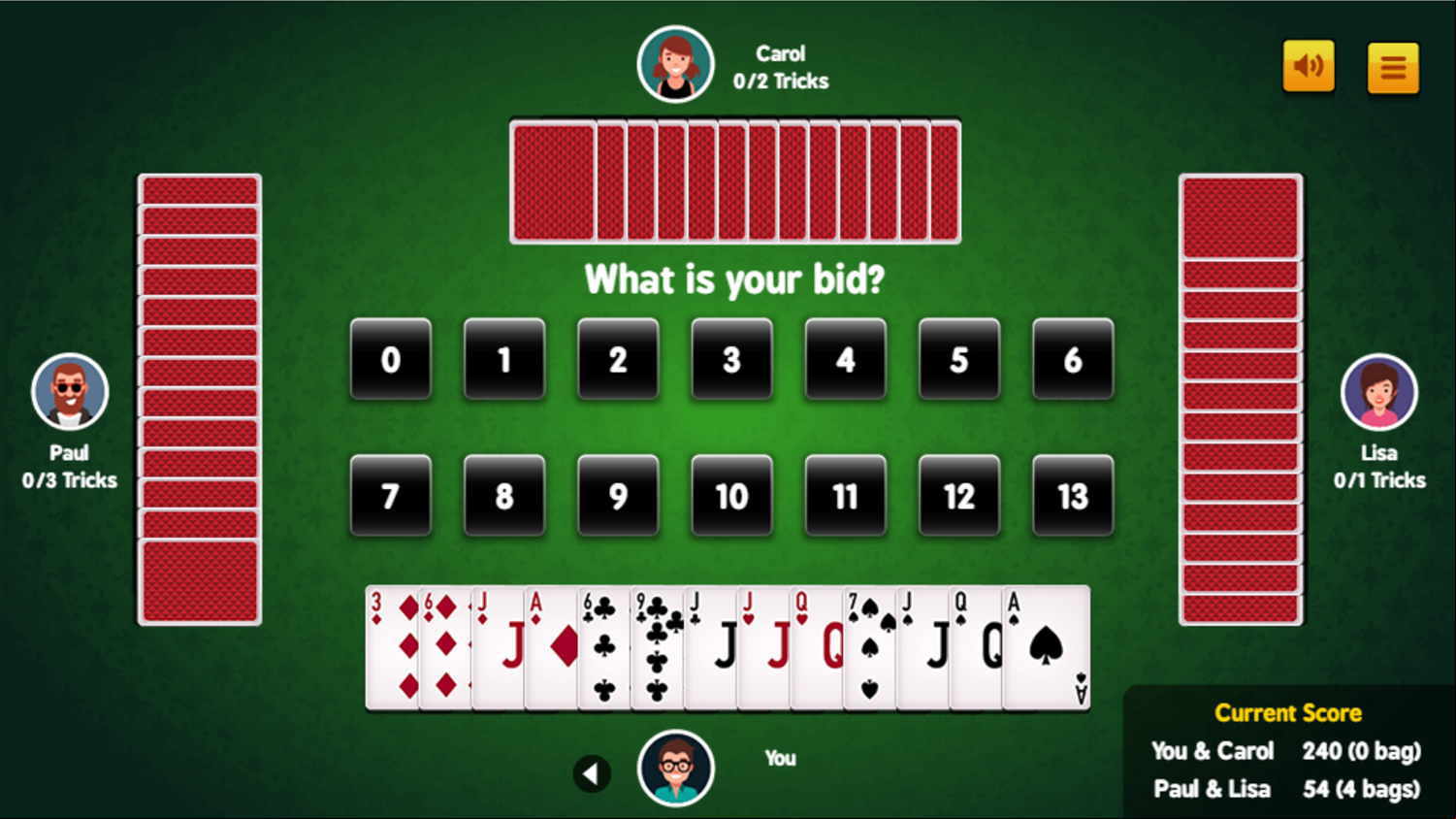 Spades Game Bidding Screen Screenshot.
