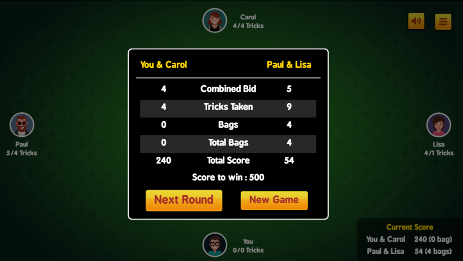 Spades Game Score Screen Screenshot.
