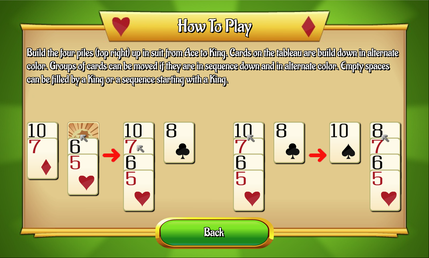 Spike Solitaire Game How to Play Screen Screenshot.