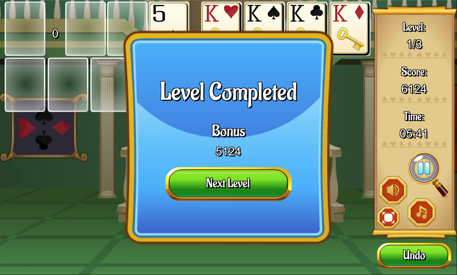 Spike Solitaire Game Level Completed Screen Screenshot.