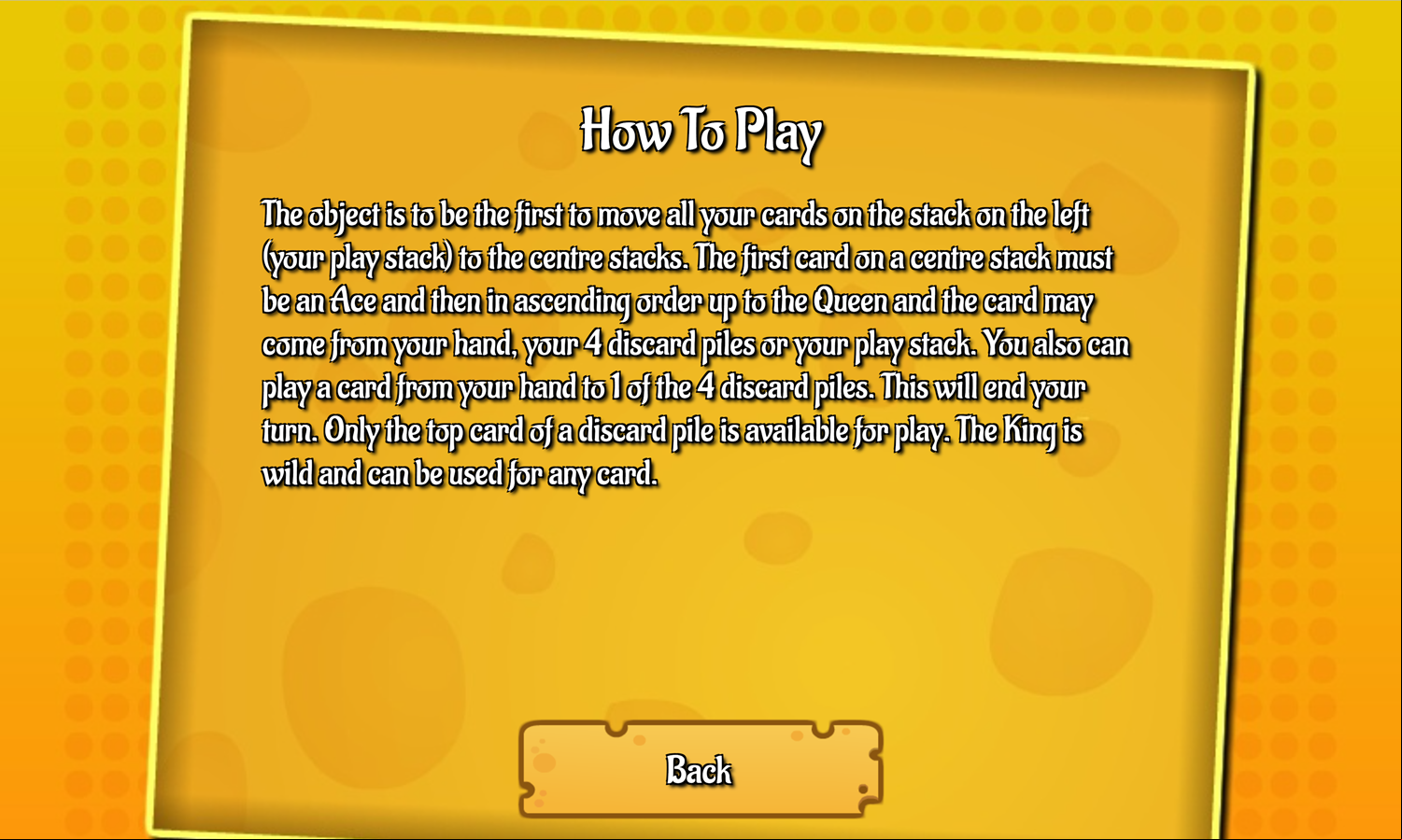 Spite and Malice Game Help Screen Screenshot.