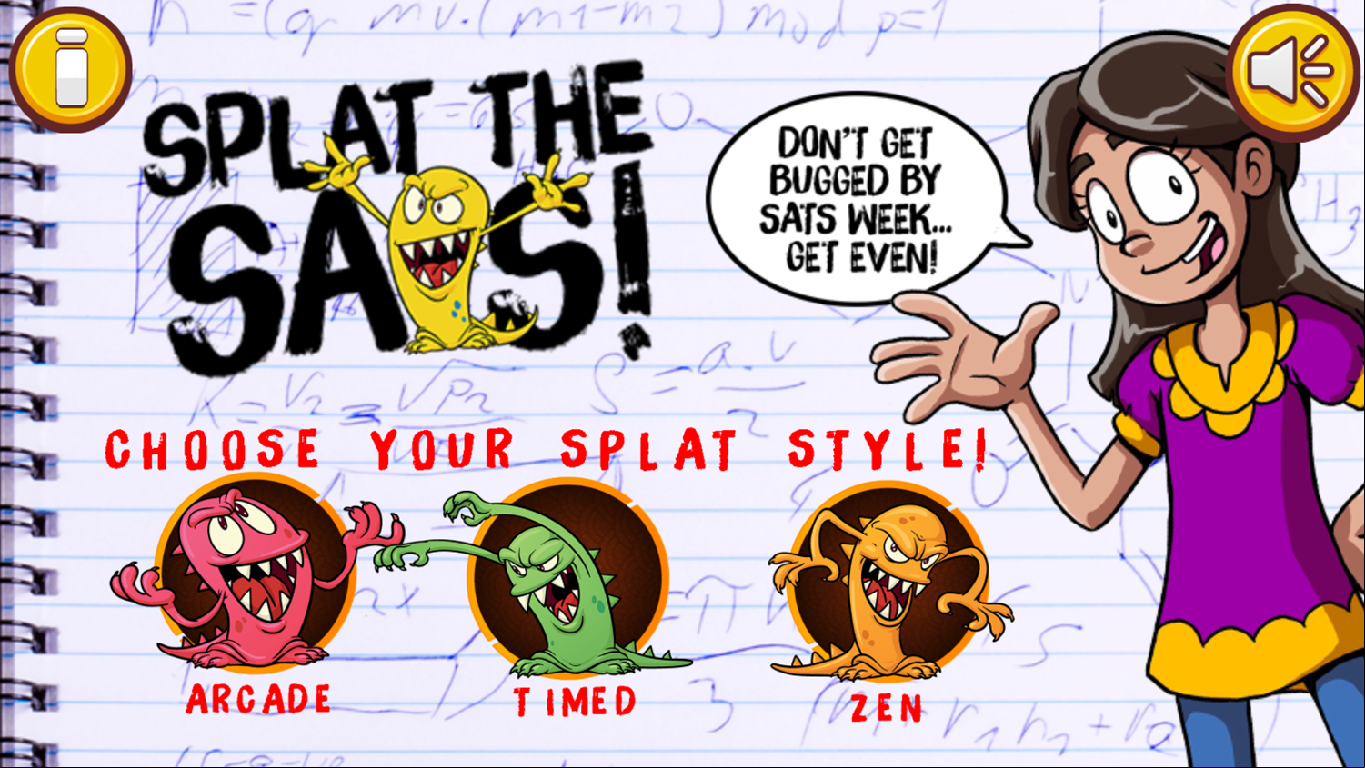 Splat the SATs Game Welcome Screen Screenshot.