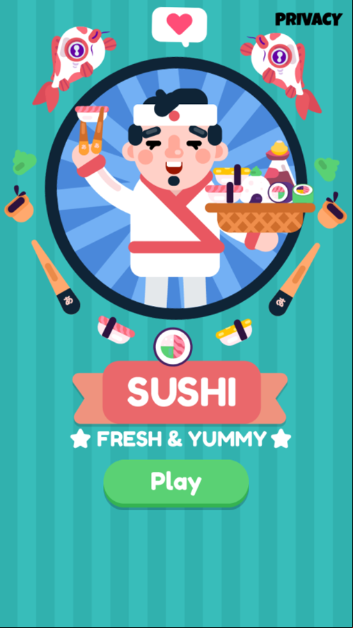 Sushi Shooting Match 3 Game Welcome Screen Screenshot.