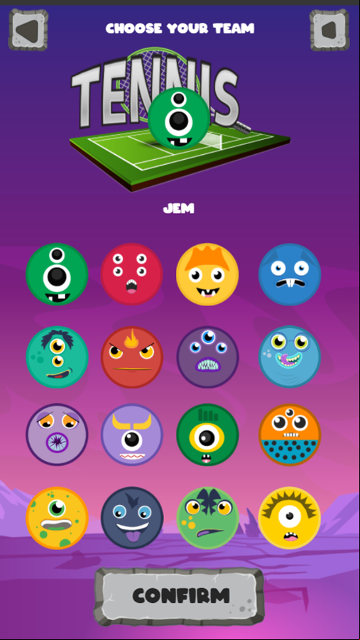 Tennis Space Game Choose Your Team Screen Screenshot.
