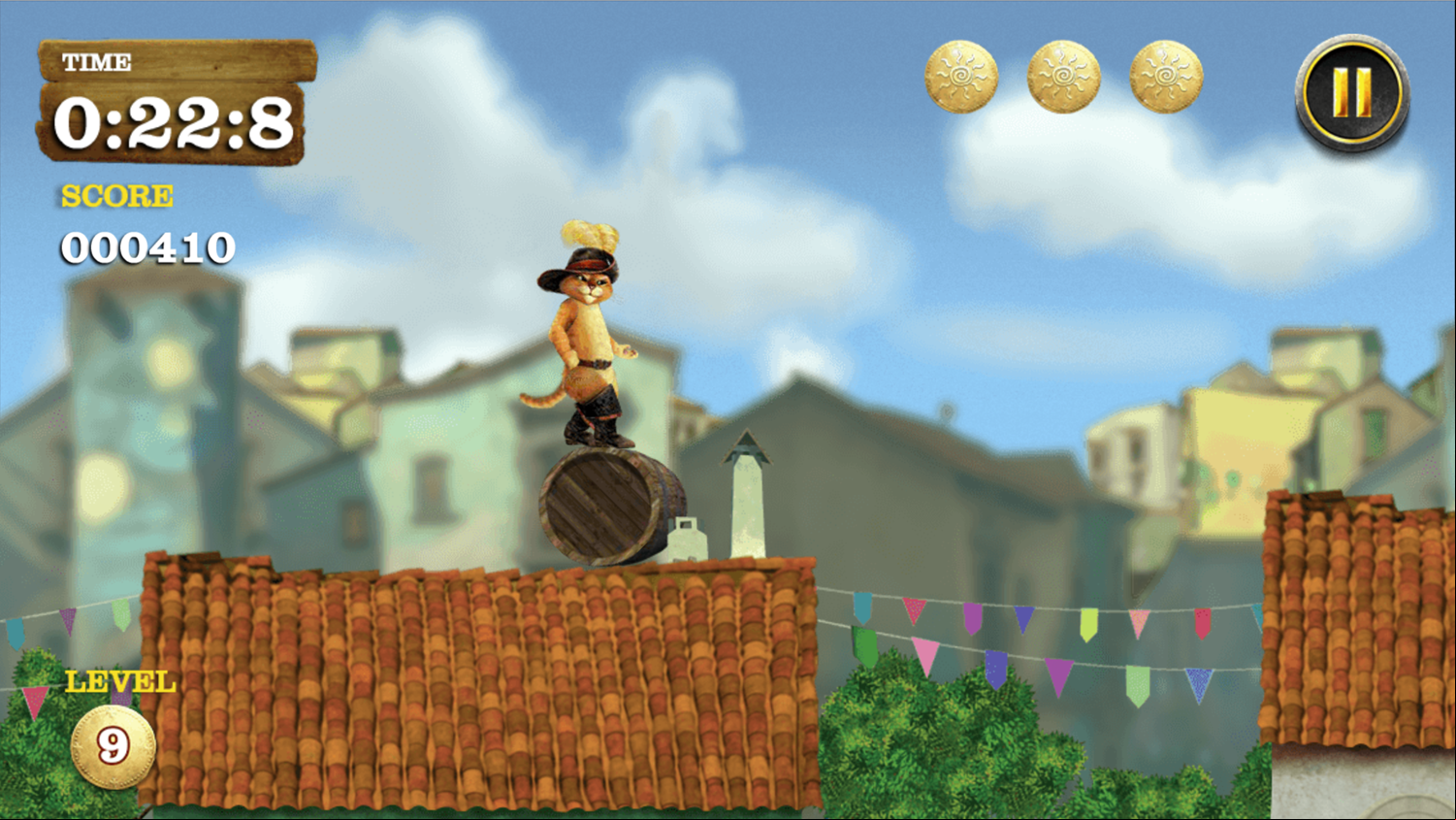 The Adventures of Puss in Boots Barrel Run Game Screenshot.