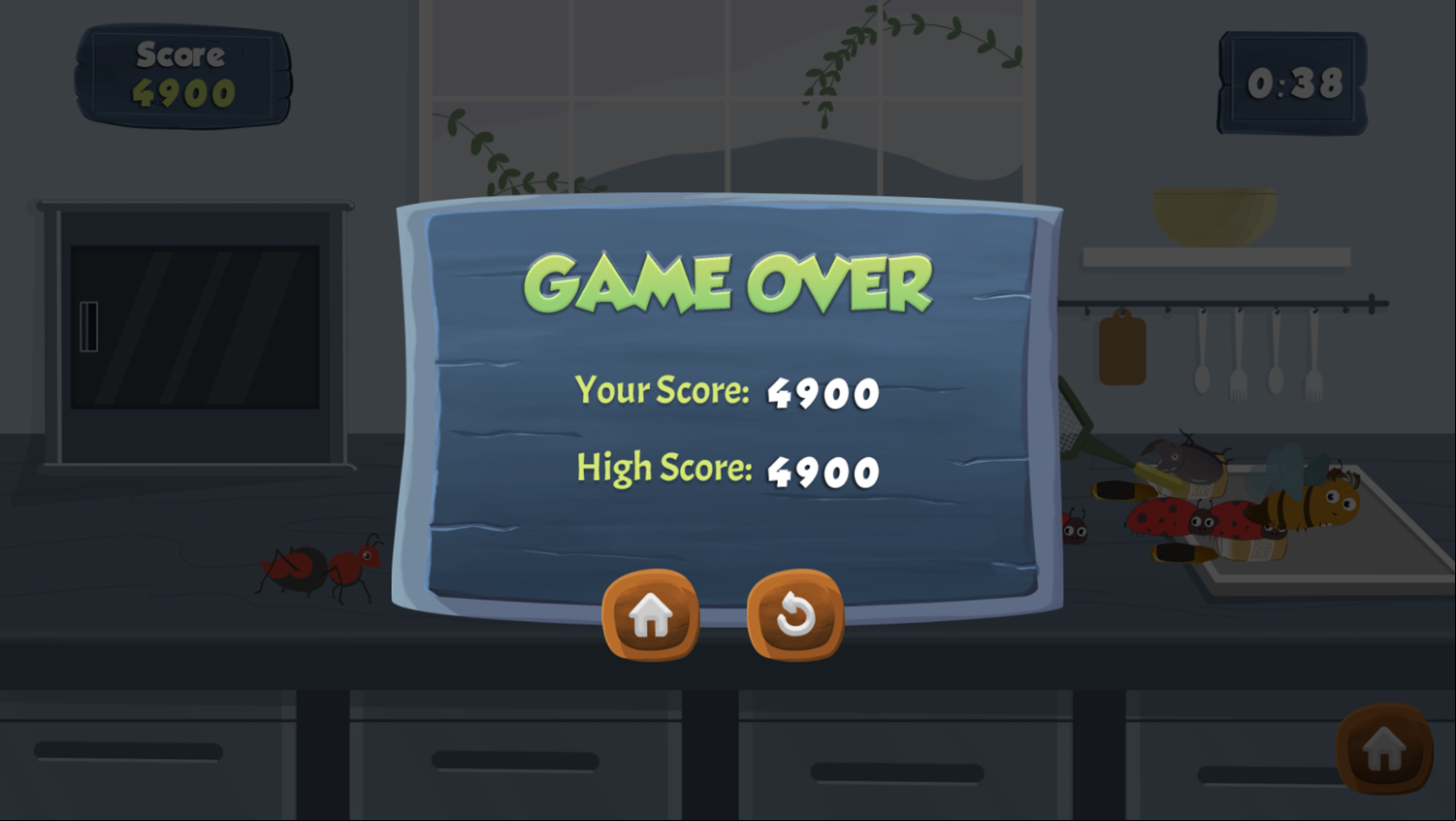 The Bug Smasher Game Over Screen Screenshot.