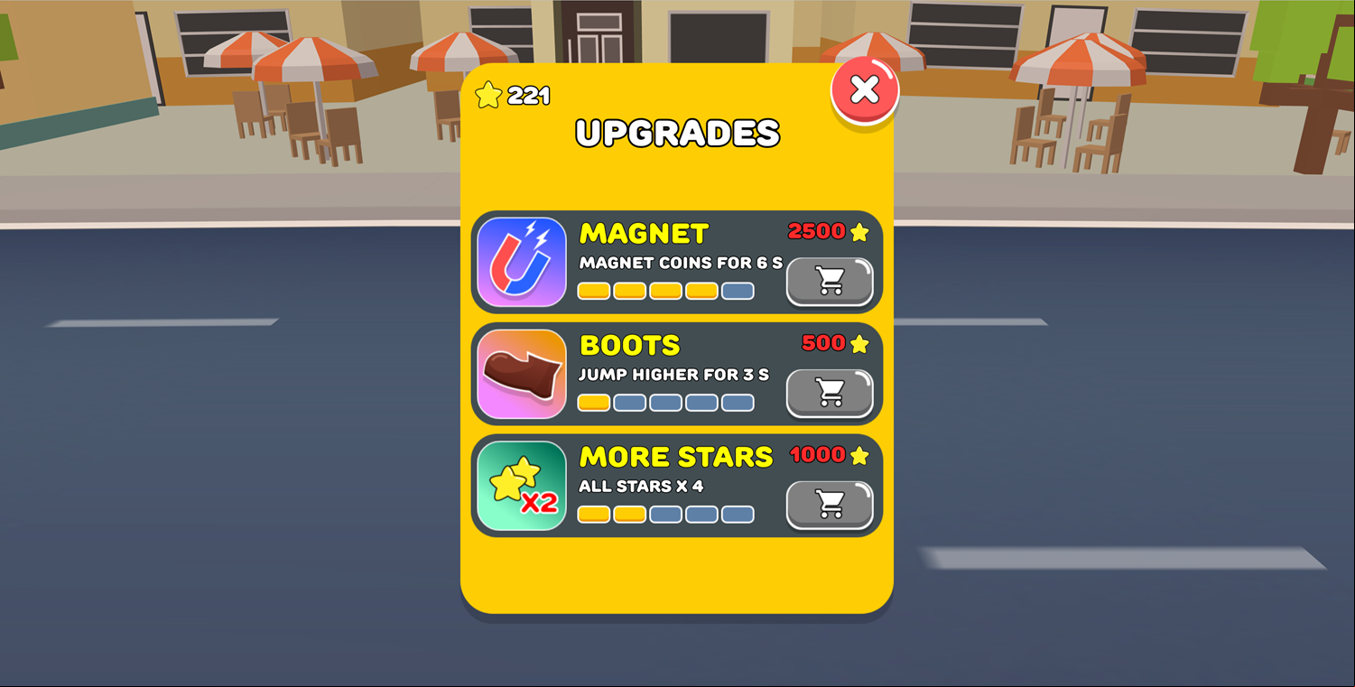 Tiger Run Game Upgrades Screen Screenshot.