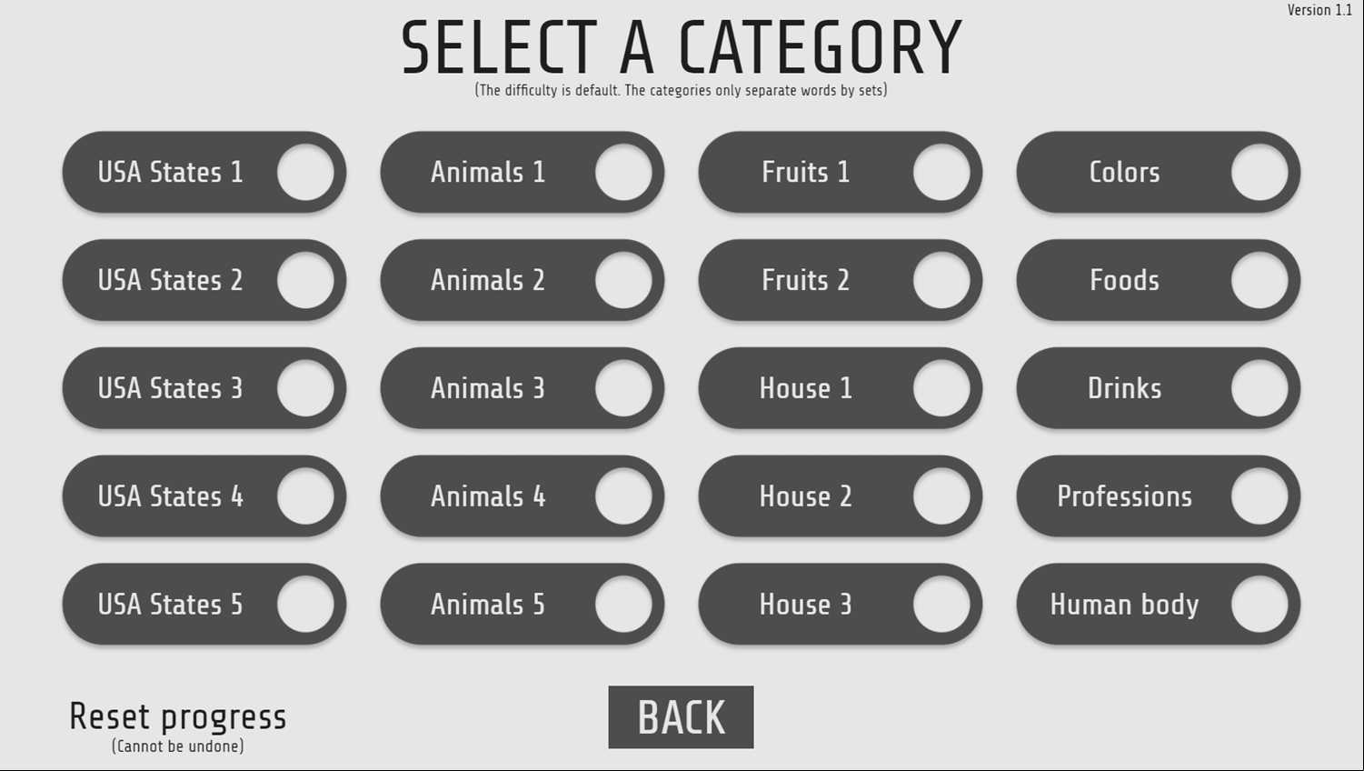 TRZ Word Search Game Select Category Screenshot.