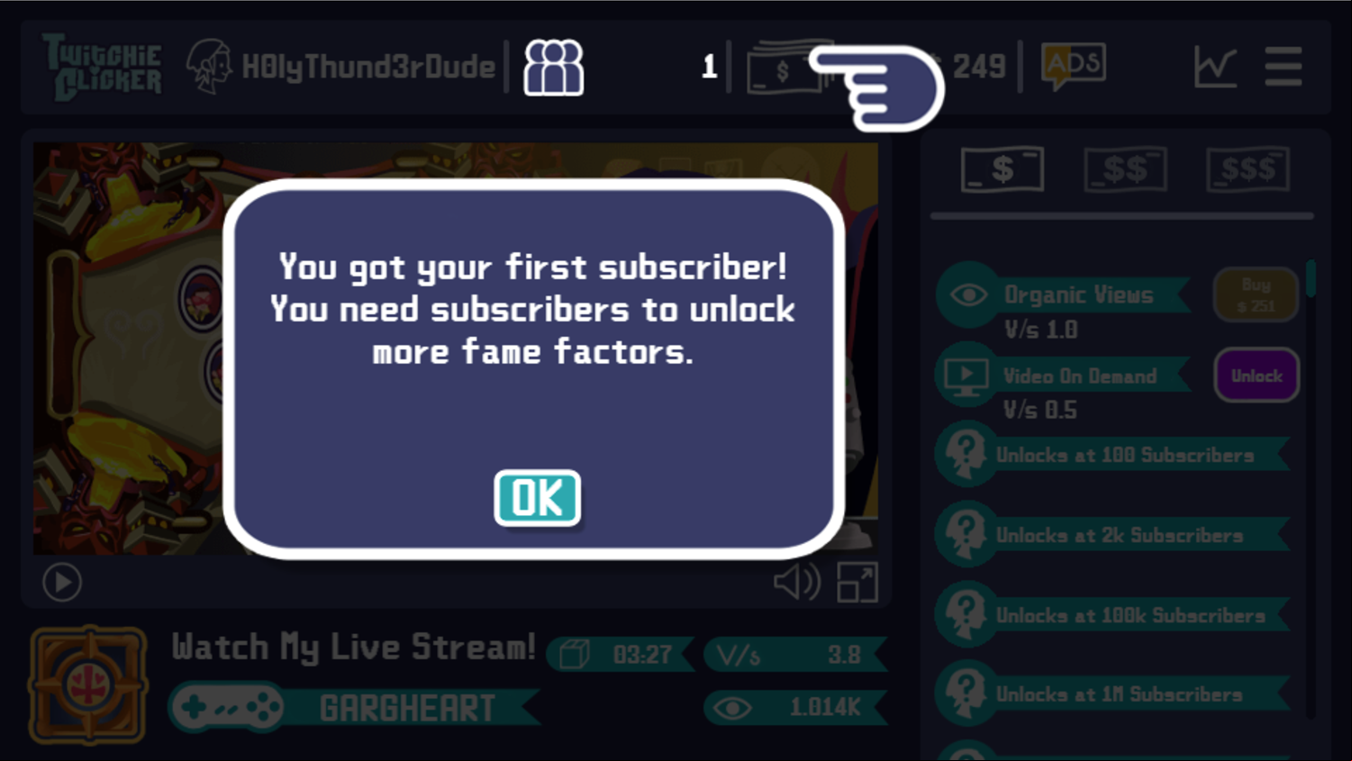 Twitchie Clicker Game Gain Subscribers Information Screen Screenshot.