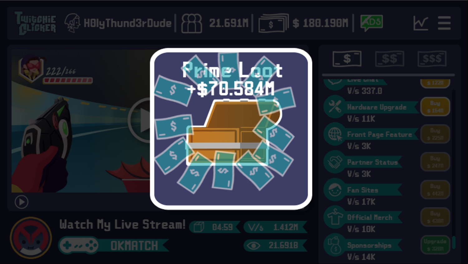Twitchie Clicker Game Prime Loot Collected Screenshot.