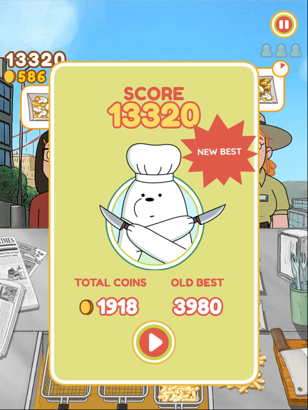 We Bare Bears French Fry Frenzy Game Over Screen Screenshot.