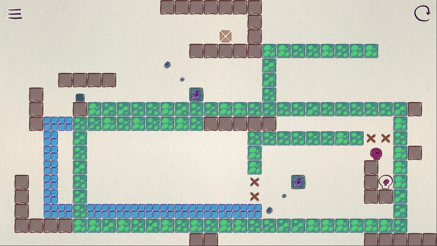 We Two Game Level With Switch Box, Brown X, and Green Slime Boxes Screenshot.