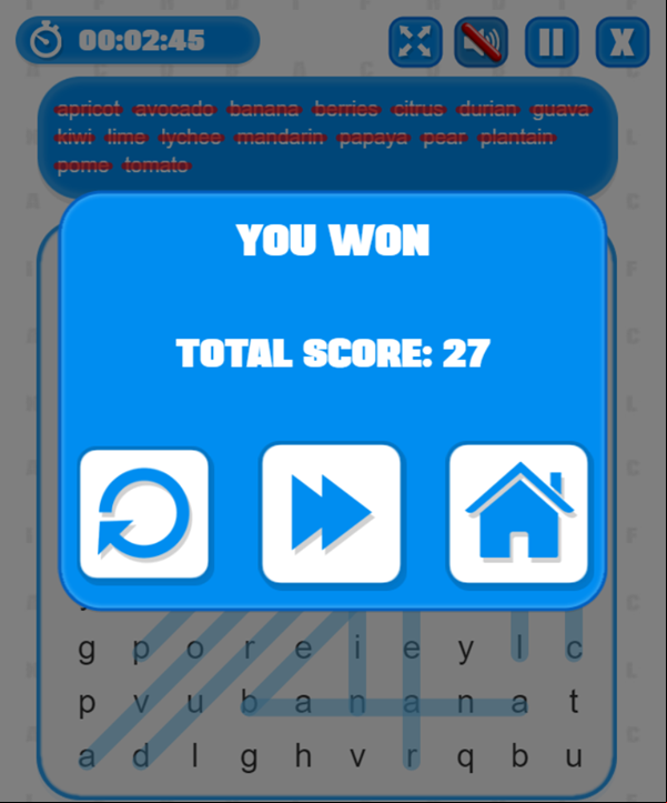 Word Search Game Score Screenshot.