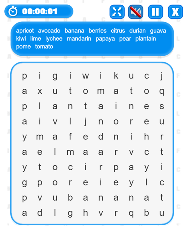 Word Search Game Start Screenshot.